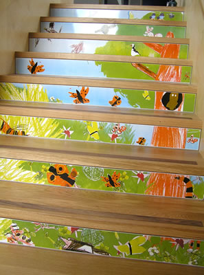 Pupils drawings on vitreous enamel stair risers