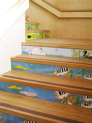 Pupils drawings on vitreous enamel stair risers